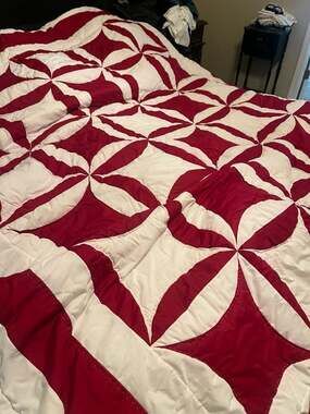 Red and White Orange Peel Pattern Reversible Bed Quilt
